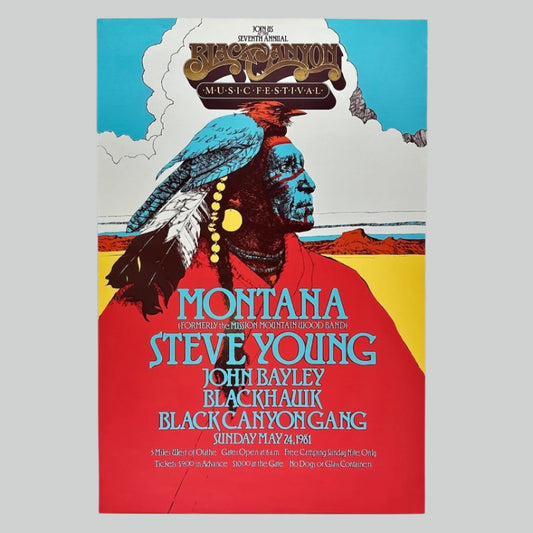 Native American with blue face wearing red bird head feathers. White cloud in background with red mountains. Band lineup listed in blue.