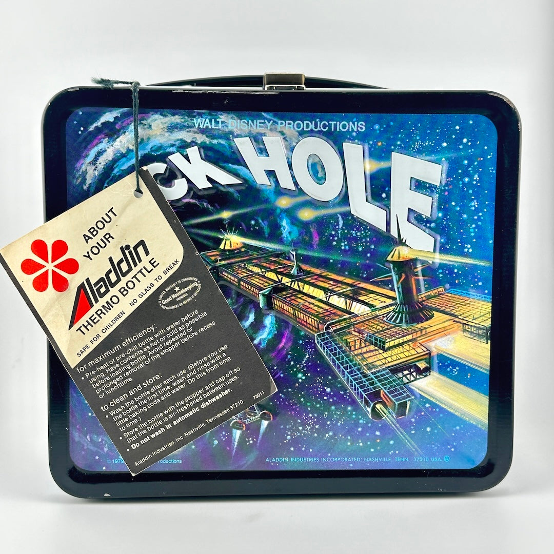 A vintage Aladdin Thermos lunchbox featuring a colorful sci-fi print from Disney Productions with paper tag still attached. 
