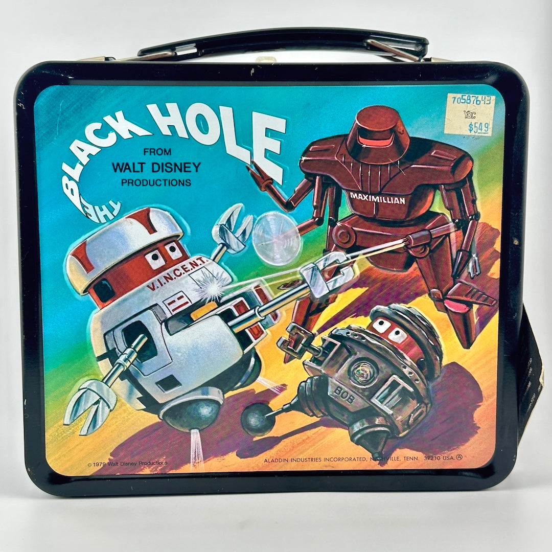 Vintage black metal lunchbox featuring colorful retro sci-fi artwork with the text 'BLACK HOLE' along with images of robots.