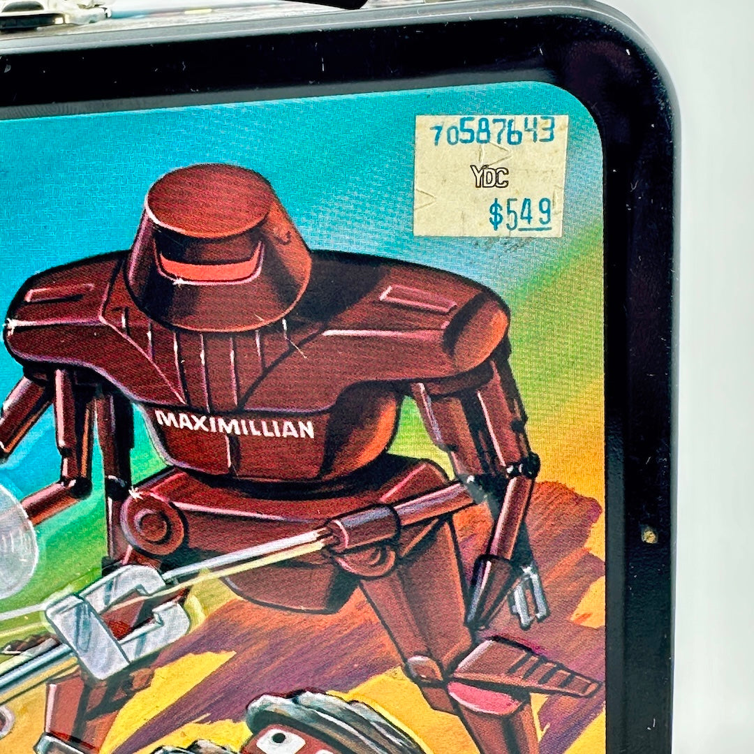 Vintage Black Hole Lunchbox with original price tag and images of robots on side. 