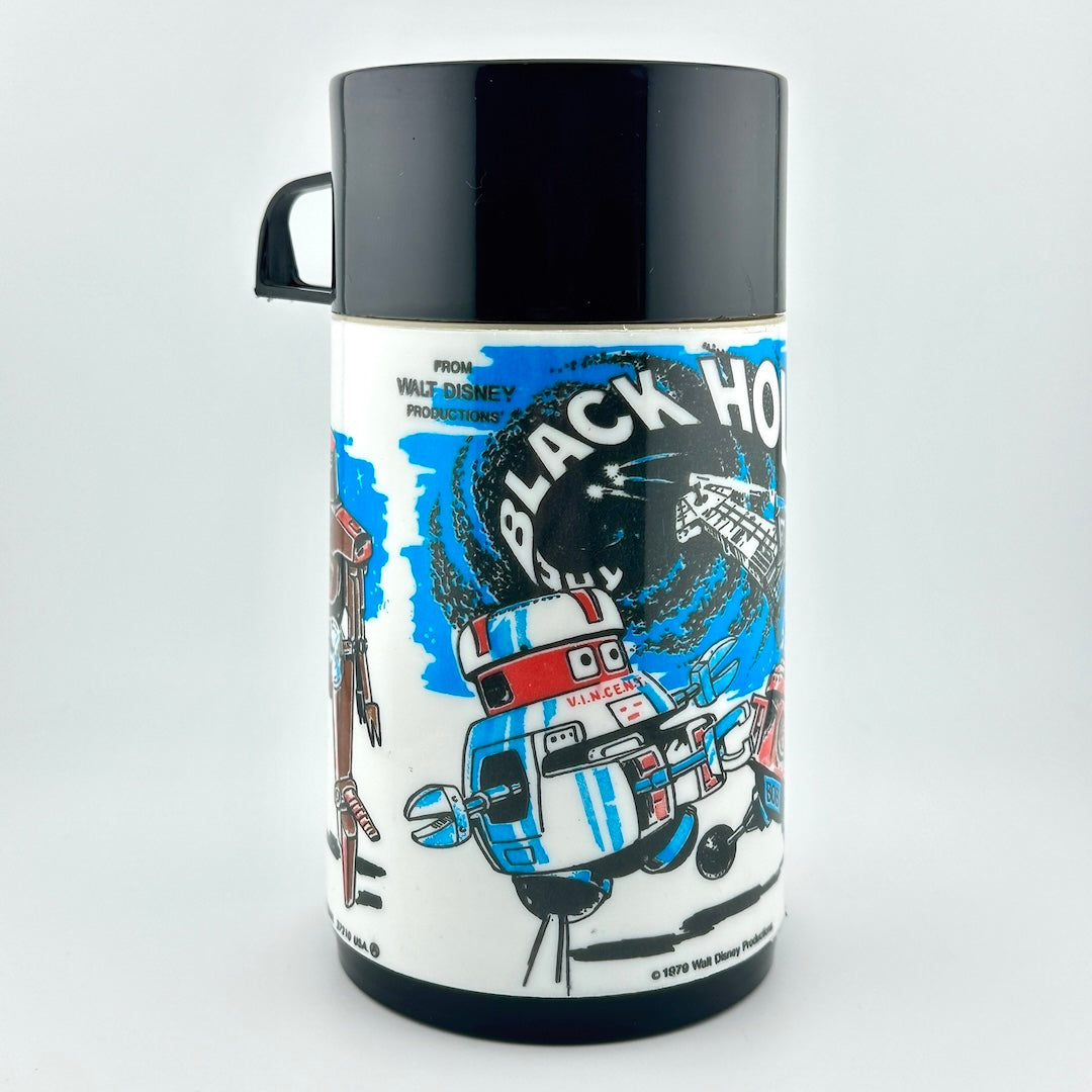 A vintage-style black and white thermos featuring a colorful illustrated wraparound design from Disney's 'Black Hole' film. 