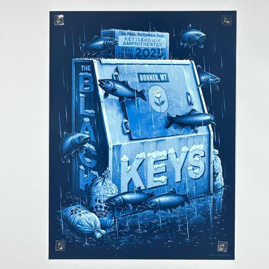 Blue-themed poster for The Black Keys concert with fish illustrations.