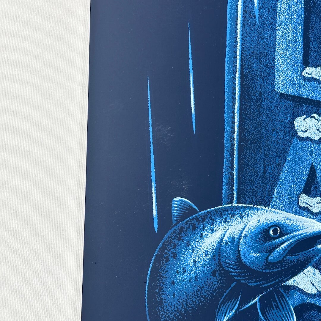 Left side of poster showing scuff to ink just above fish head. 
