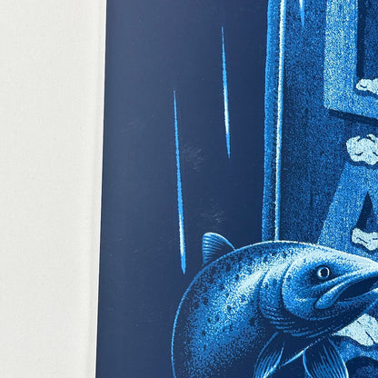 Left side of poster showing scuff to ink just above fish head. 