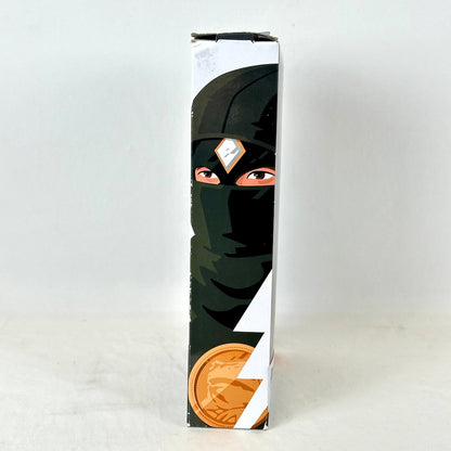 Side view of packaging with illustration of Black Ranger, photographed against white background. 