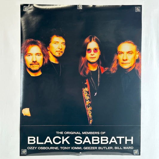 Poster of Black Sabbath band members with their names below on a dark background