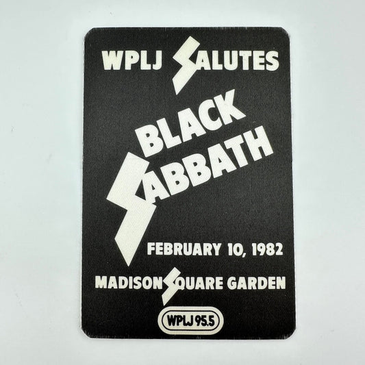 Black and white fabric event pass for Black Sabbath against white background. 