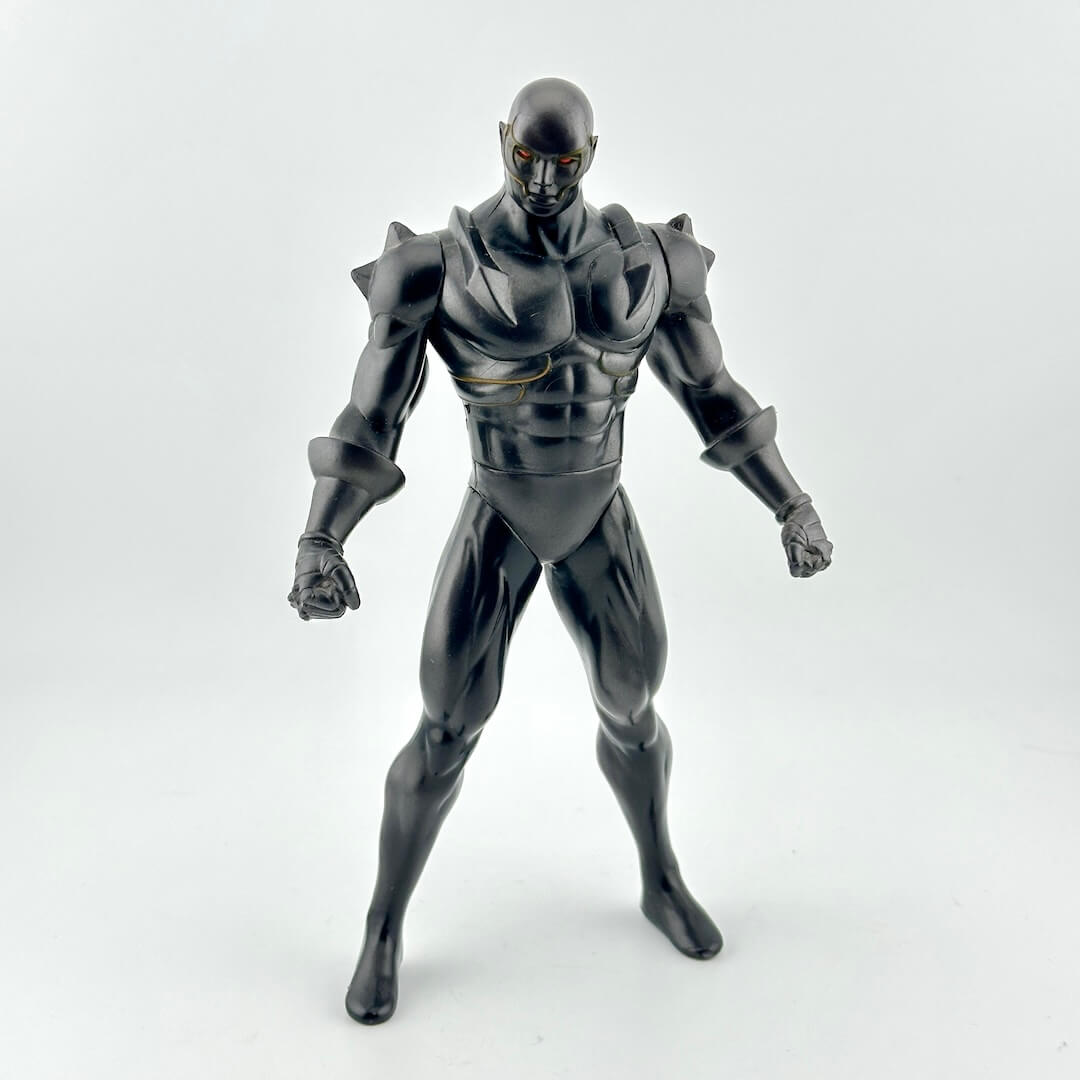 Black superhero action figure on a white background