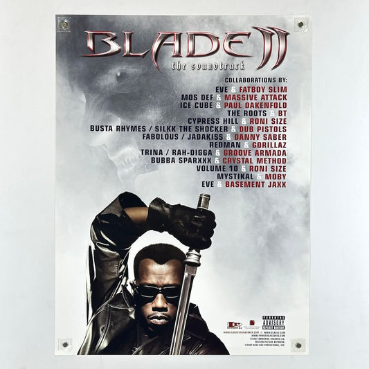 Blade II soundtrack promo poster with image of Blade with sword beneath list of musical artists featured. 