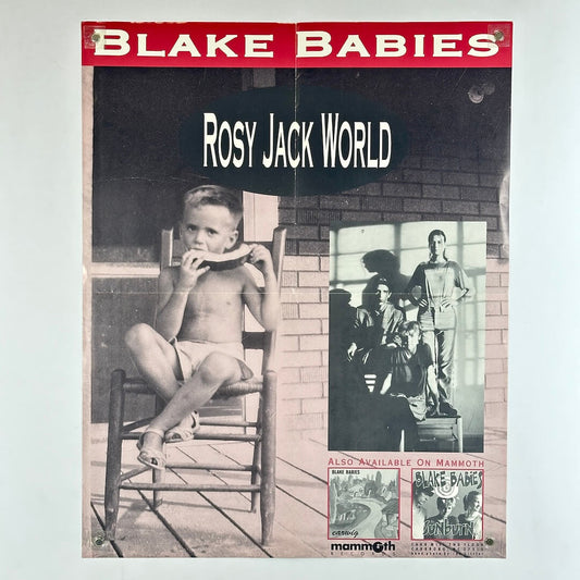 Poster for 'Blake Babies' with image of kid sitting on porch eating a melon, and image of band and albums. 