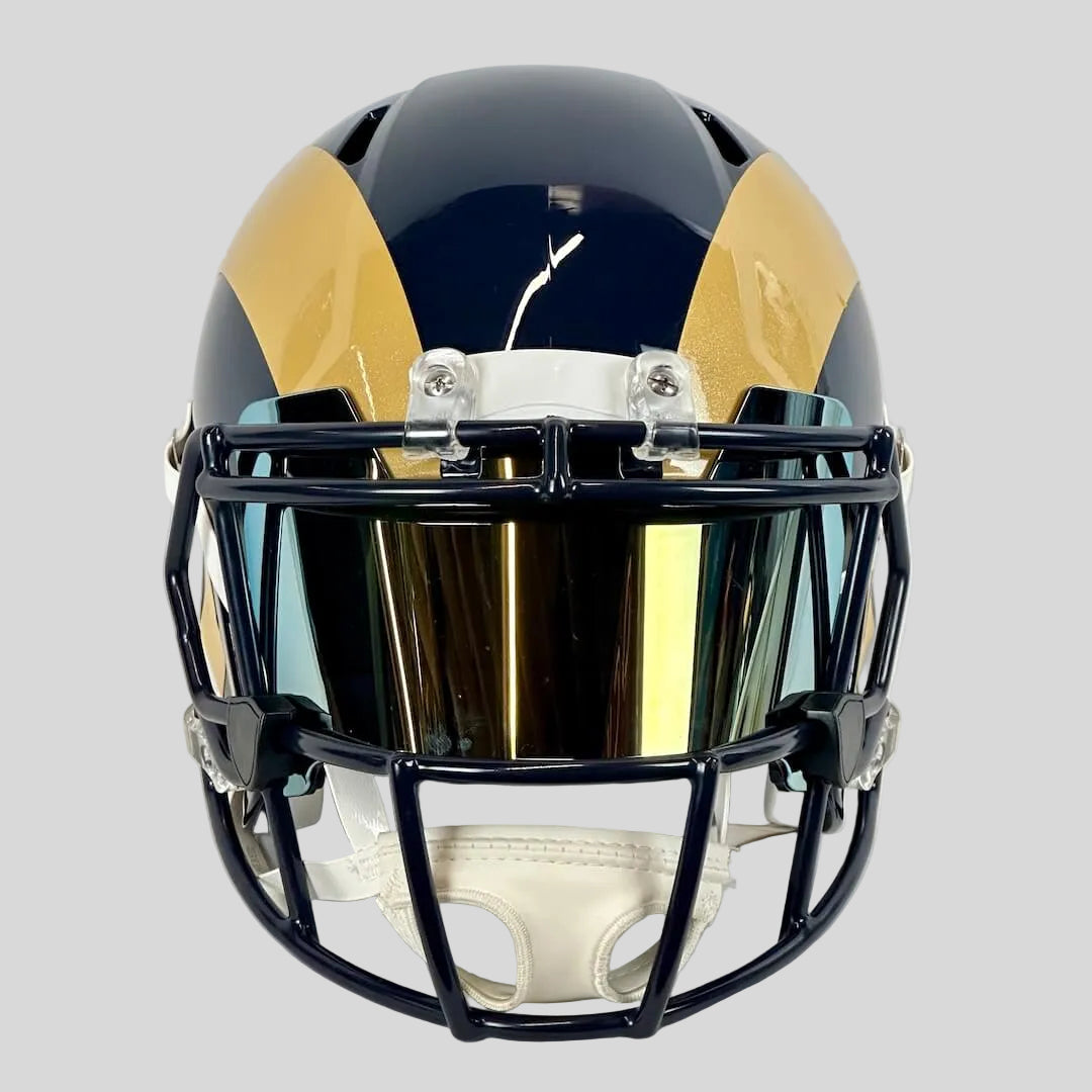 Front view of navy football helmet with mirrored face shield. 