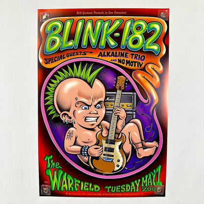 Concert poster for Blink-182 featuring a cartoon character with a guitar on a white background