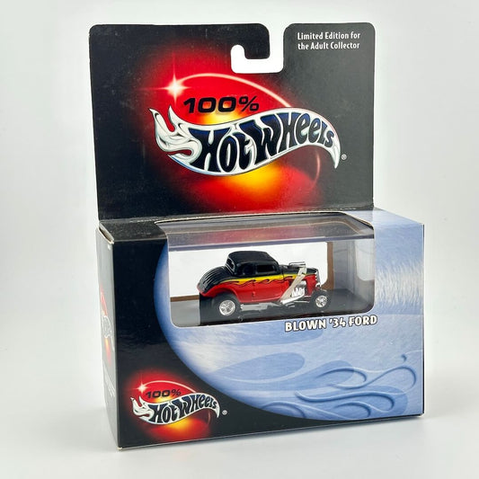 A Hot Wheels diecast toy car in its original blister packaging, featuring a 1934 Ford 'Blown' model car.