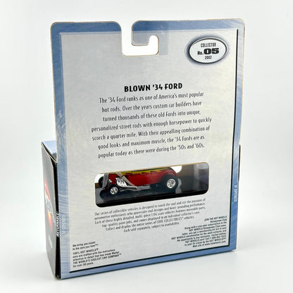 Back of a blister card package for a 1934 Ford collector car, showing product text, a window showing a red car.