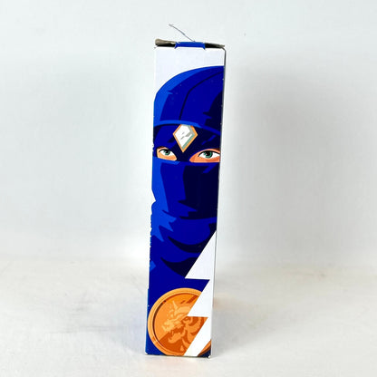 Side view of action figure packaging with illustration of character on box. 