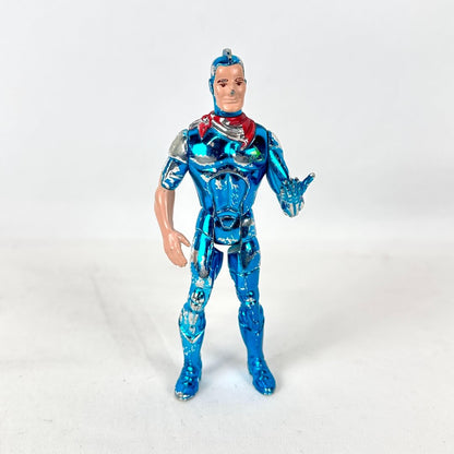 A metallic blue action figure of a superhero character with a red bandana around neck, and one human arm. 