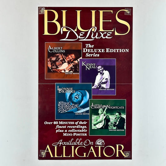 Poster for 'Blues Deluxe' album by Alligator Records with four artists pictured on album covers. 