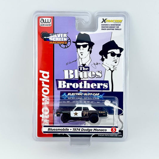 Packaged slot car from 'The Blues Brothers' with Autoworld branding on a white background