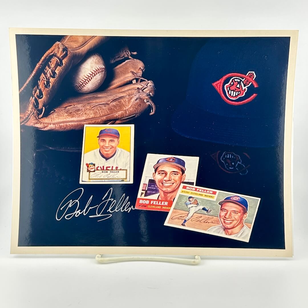 Collage of baseball memorabilia featuring Bob Feller and his autograph. 
