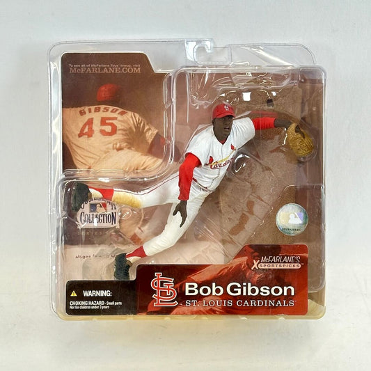 Baseball player action figure in packaging with 'Bob Gibson' branding