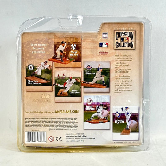 Baseball figure packaging with player images and text on a beige background