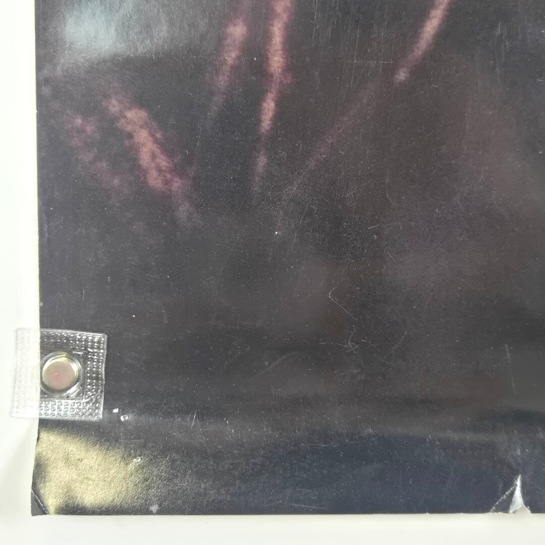 Bottom left corner of poster with pin holes and small tear two inches to right of corner.