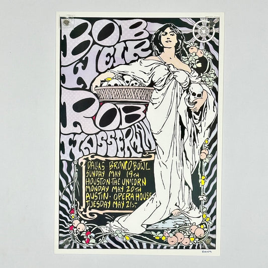 Vintage concert poster for Bob Weir featuring a stylized illustration of a woman and text.