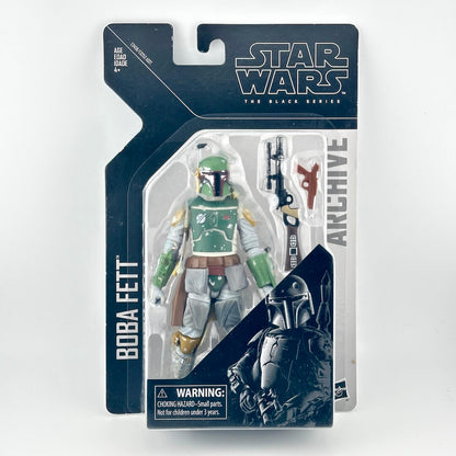 Star Wars Black Series Archive Boba Fett action figure in original window packaging showing figure with accessories. 