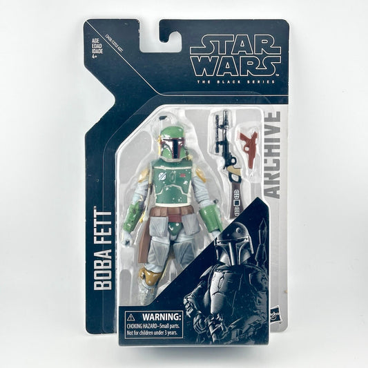 Star Wars Black Series Archive Boba Fett action figure in original window packaging showing figure with accessories. 