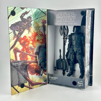 Boba Fett action figure in its original illustrated window box packaging, shown open to display the figure and comic-style artwork.