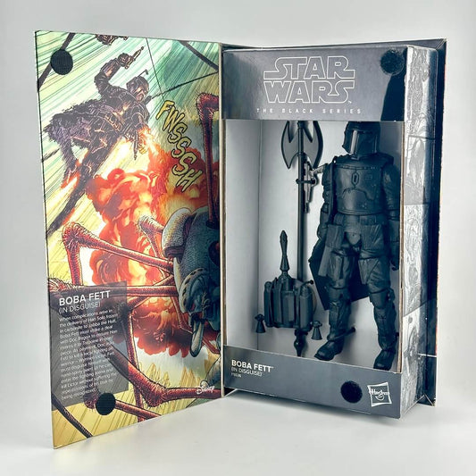Boba Fett action figure in its original illustrated window box packaging, shown open to display the figure and comic-style artwork.