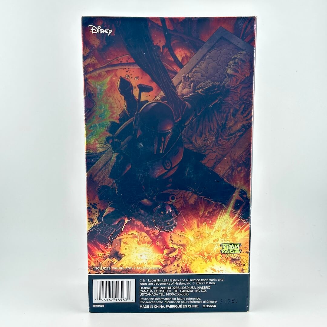 Back of a Boba Fett collectible figure box, featuring a dramatic illustration of the Fett  in black armor amidst fiery action.
