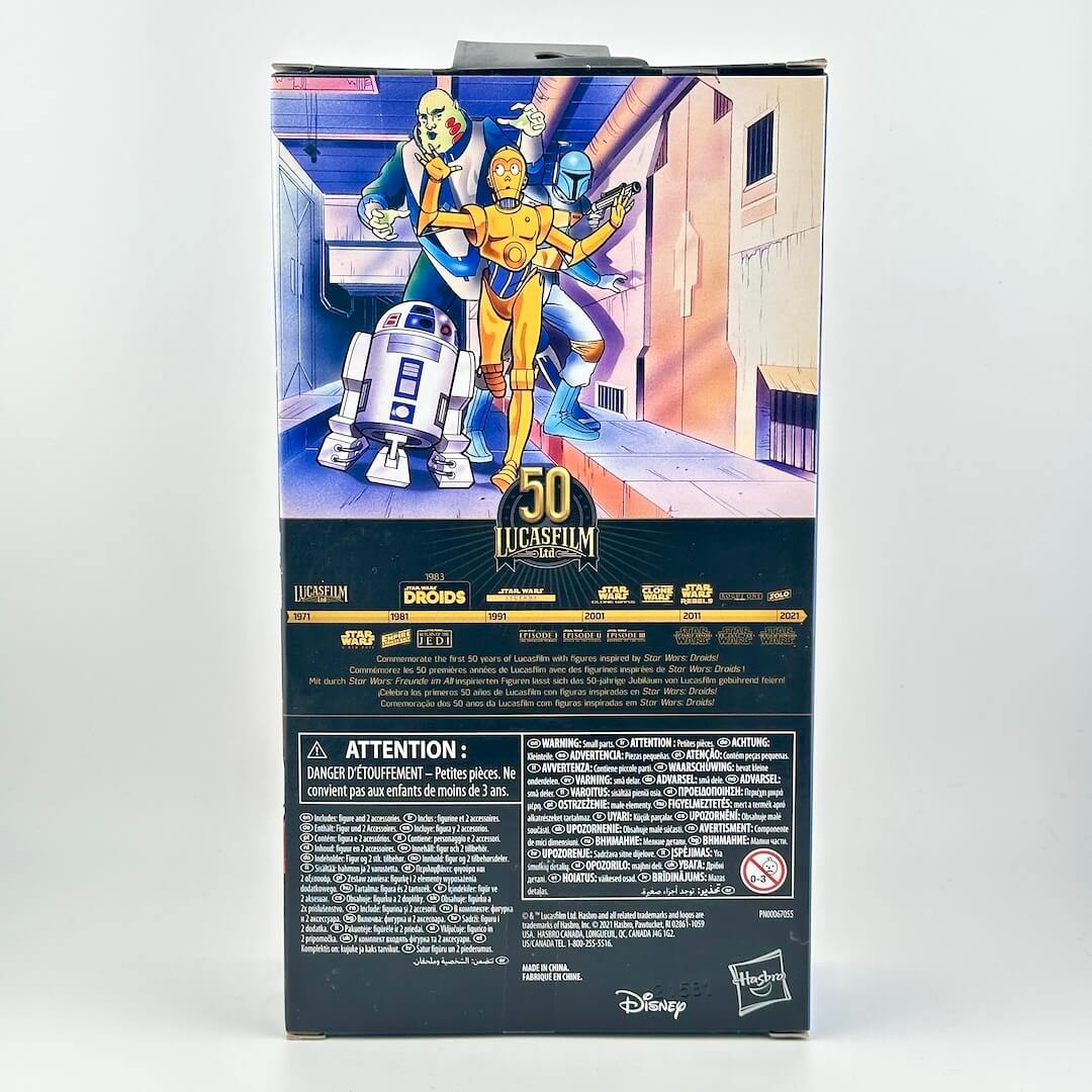 Back of Star Wars action figure packaging with product details and character illustrations. 