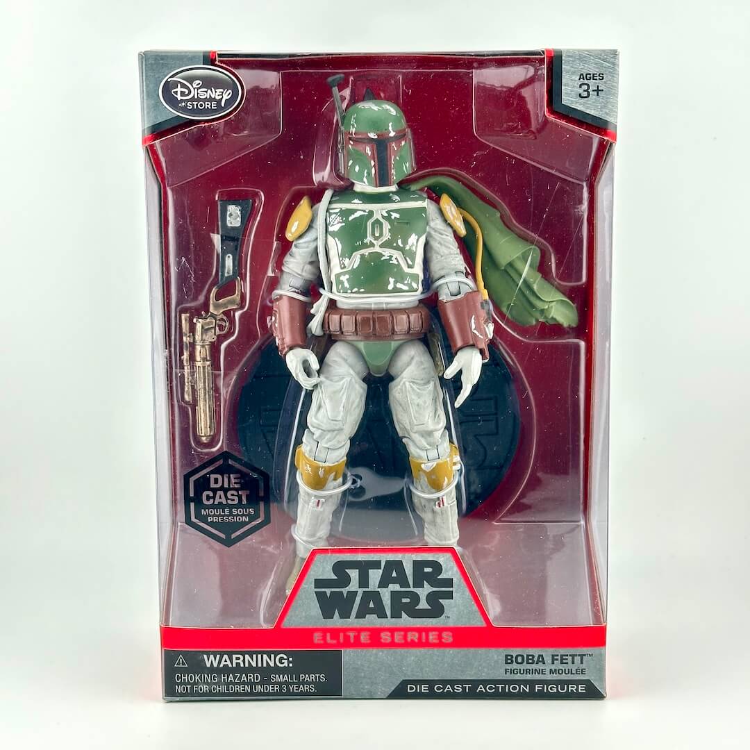 Disney Star Wars Elite Series Boba Fett die cast action figure in its original window box packaging.
