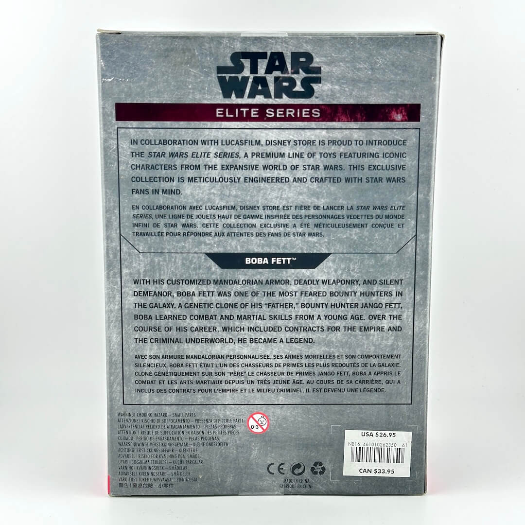 The back of a Star Wars Elite Series Boba Fett toy packaging box, showing detailed product description text.