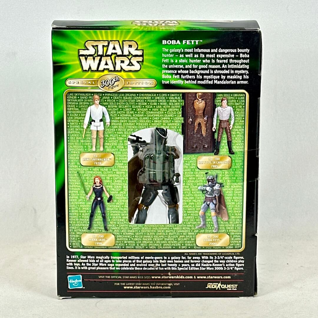 Star Wars Boba Fett action figure packaging with character images and text on a gray background