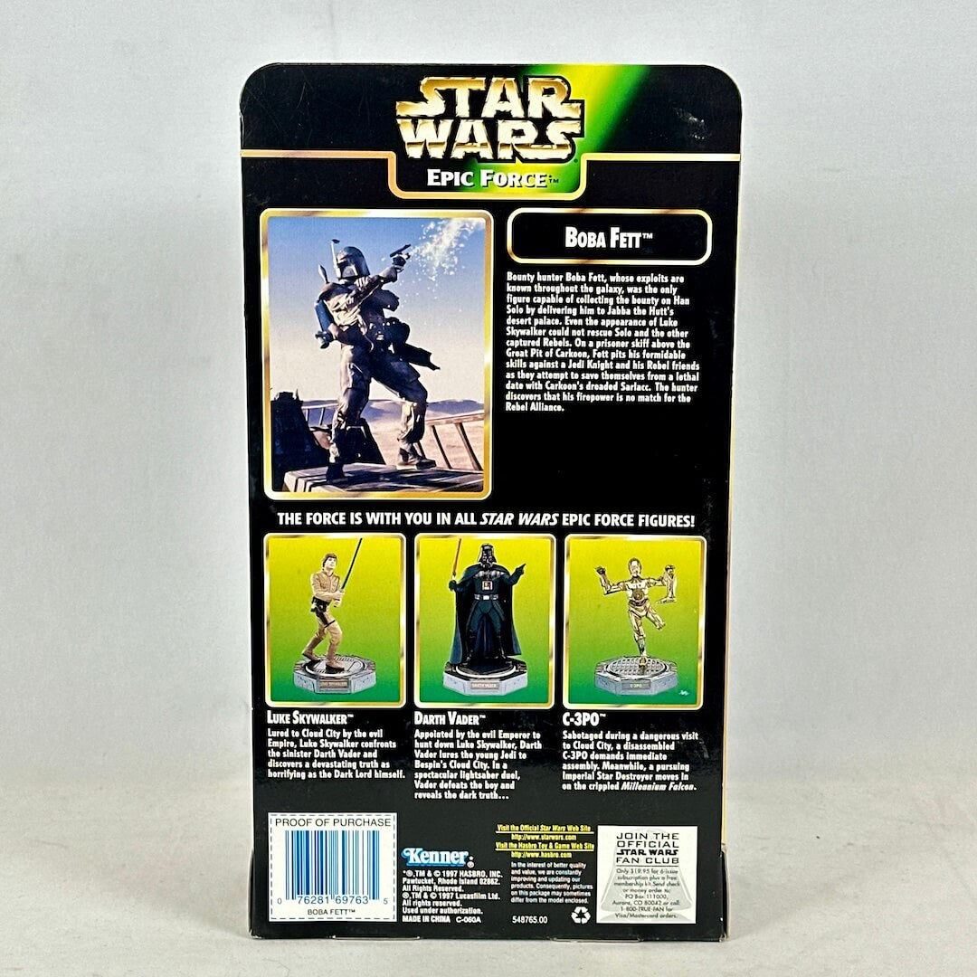 Back view of a Star Wars Boba Fett action figure packaging with branding and product details.