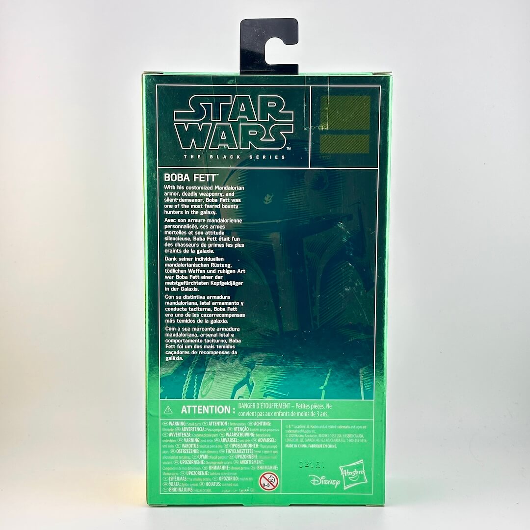 Star Wars The Black Series Boba Fett action figure back box panel, featuring green & black design with product details.