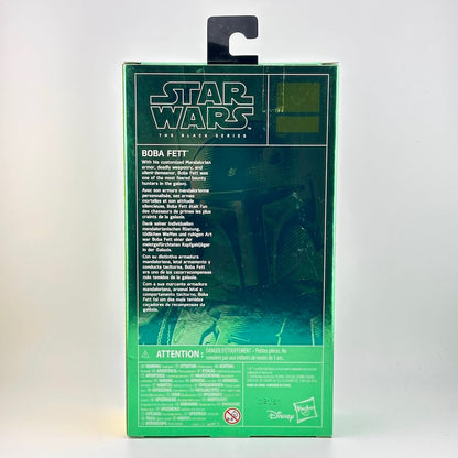 Star Wars The Black Series Boba Fett action figure back box panel, featuring green & black design with product details.