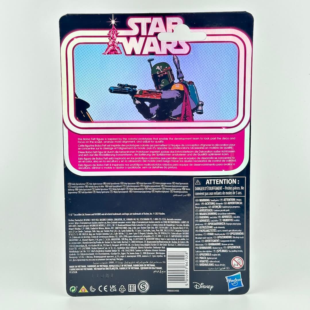 Back of a Star Wars action figure package featuring a retro-style illustration of Boba Fett with blaster. 