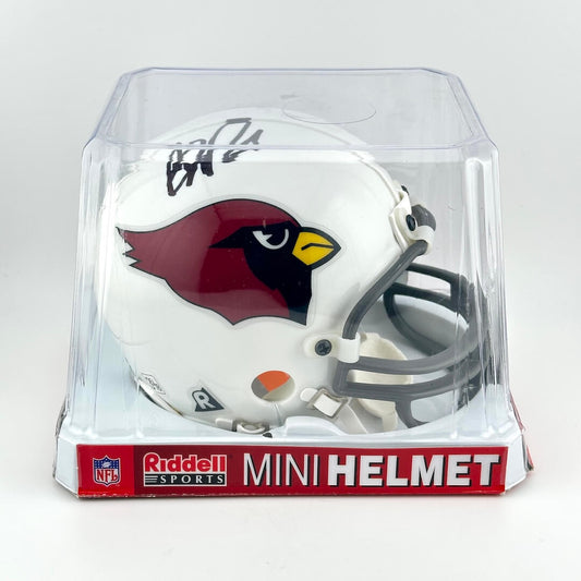 Riddell mini football helmet with team logo in clear packaging on a white background