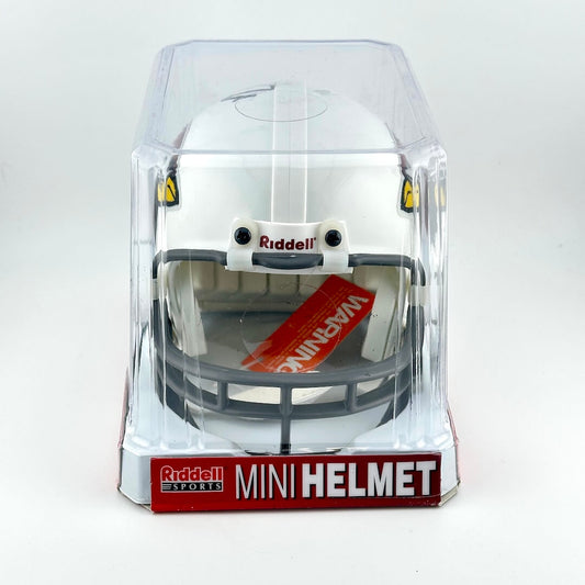 Riddell mini football helmet in clear packaging on a white background