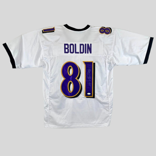 White sports jersey with 'Boldin 81' stitched on, over a gray background