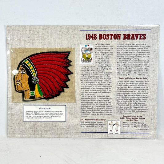 1948 Boston Braves patch with historical information on a gray background