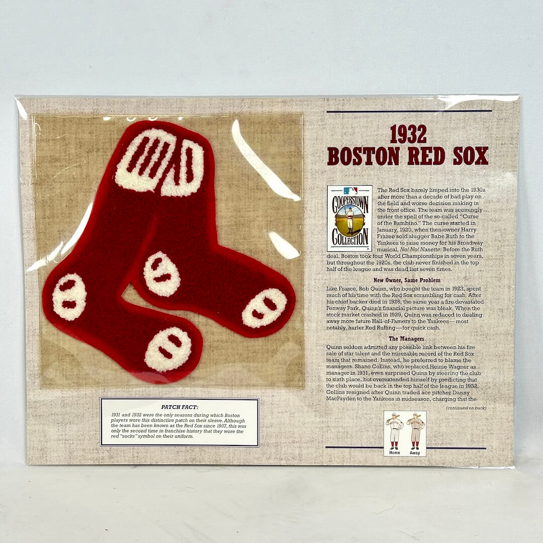 Document with a patch of red socks and historical text on a beige background