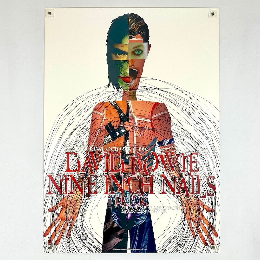 Artistic poster of a person with a colorful design, featuring text about David Bowie and Nine Inch Nails.