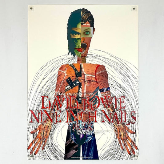 Artistic poster of a person with a colorful design, featuring text about David Bowie and Nine Inch Nails.
