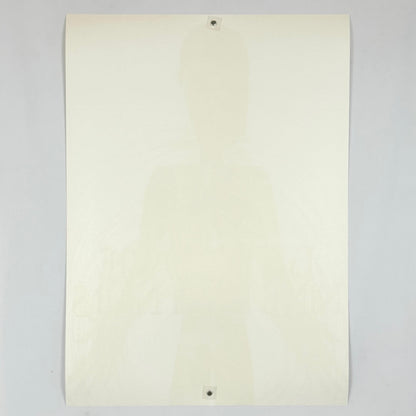 Backside of white poster with no visible damage against white background. 