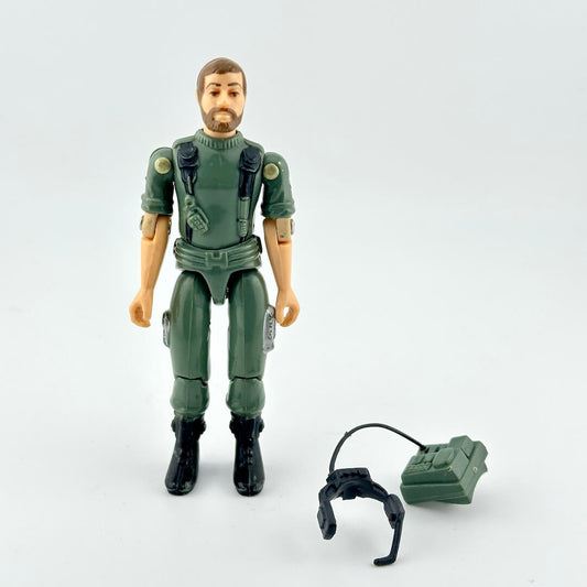 Action figure in green military suit with accessories on a white background
