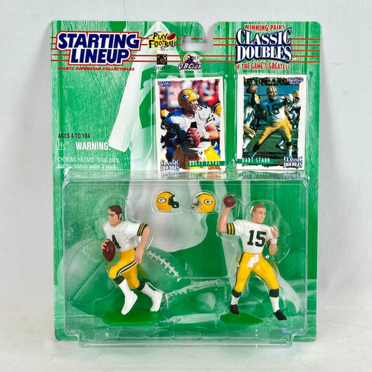 Starting Lineup football action figure set in packaging with cards on a white background
